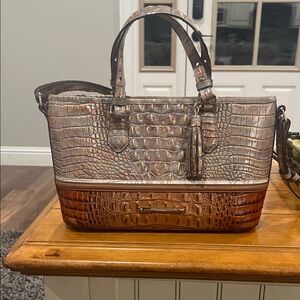 Brahmin Crocodile Embossed Satchel in Brown and Tan